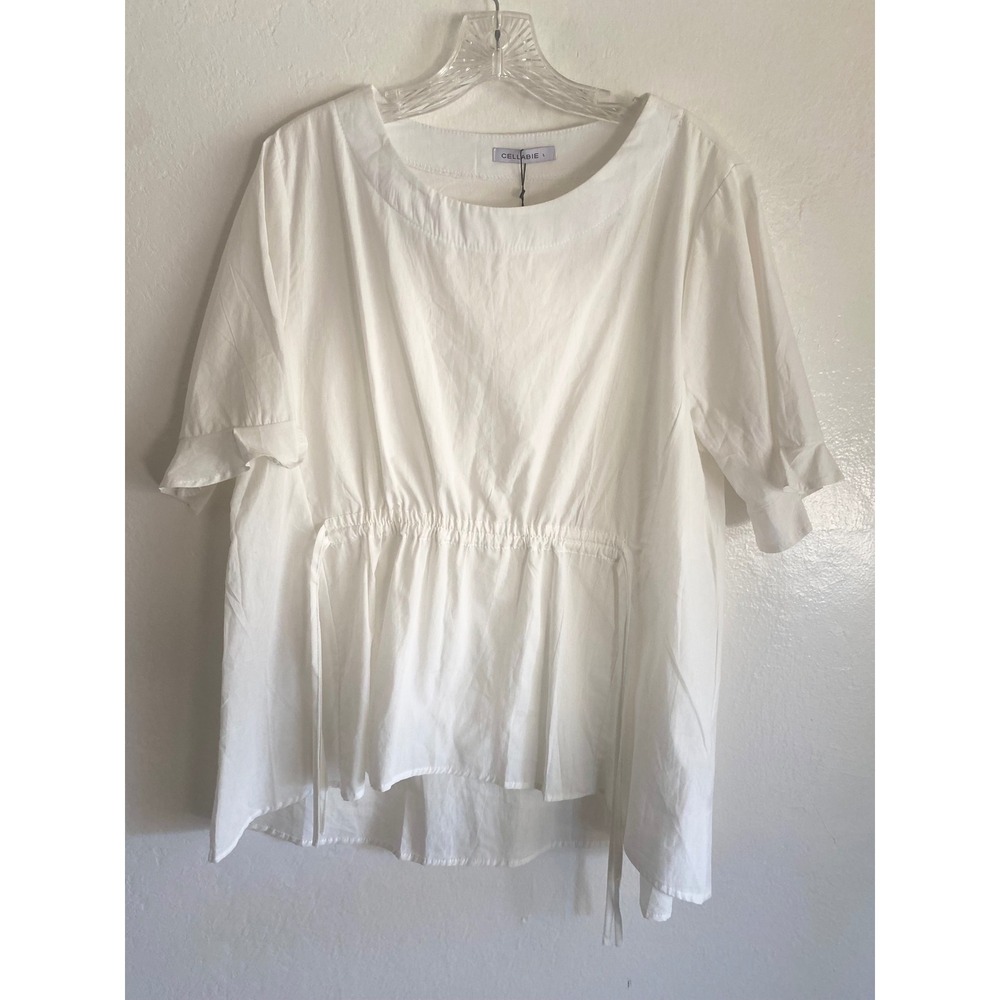 Cellabie White Cotton Tunic Top Drawstring Waist Hi-Lo Hem Size L NWT